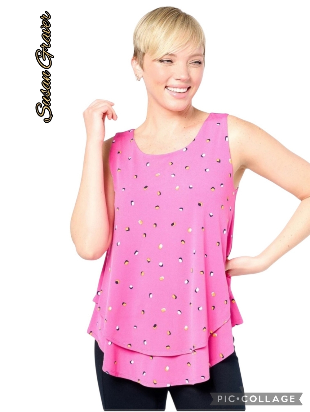 Susan Graver sleeveless blouse hot pink confetti print lower tiered holds shape